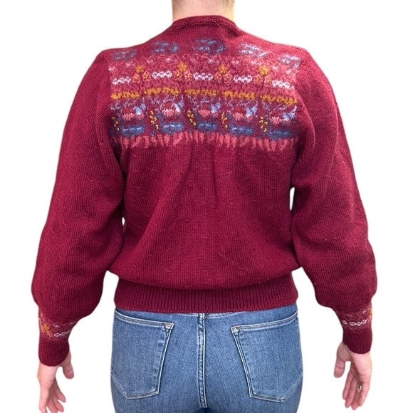 Vintage Susan Bristol Pure Wool Hand Embroidered Sweater Cardigan Burgundy L - Picture 3 of 17